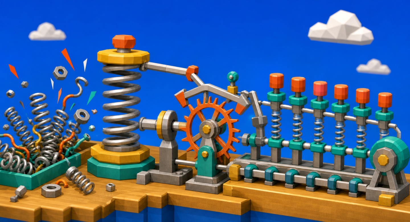 Low-poly render of an escapement: a coiled mainspring driving an orange escape wheel, caught by a pallet-fork arm, metering energy into a regulated row of sprung pillars.