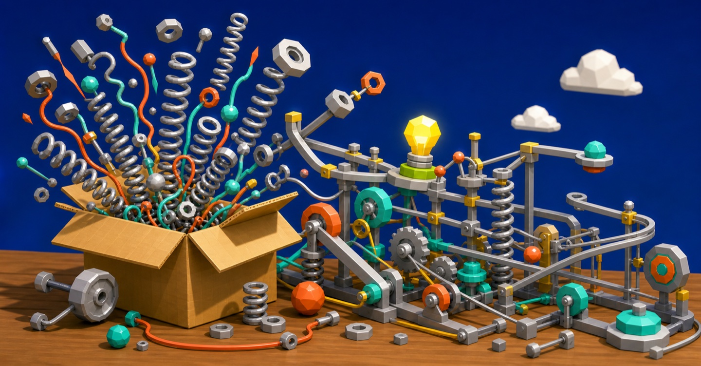 Low-poly N64-style render. Left: a cardboard box erupting with springs and loose parts. Right: those same parts assembled into an orderly machine driving a lit lightbulb.