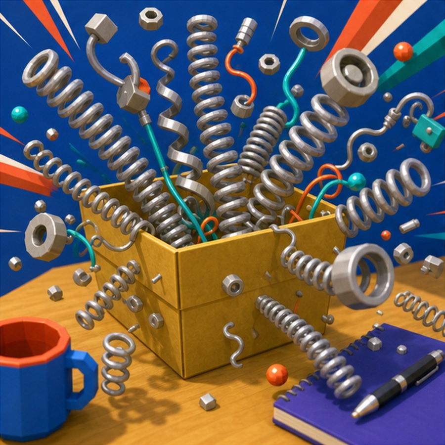 Low-poly N64-style render of a cardboard box erupting with springs, washers, and loose parts across a desk.